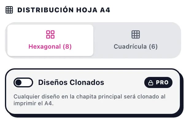 Distribución de la hoja A4 en el editor: hexagonal con 8 piezas y cuadrícula con 6