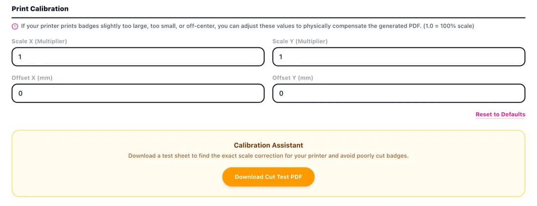 Print calibration in Settings: scale, offset and cut test sheet