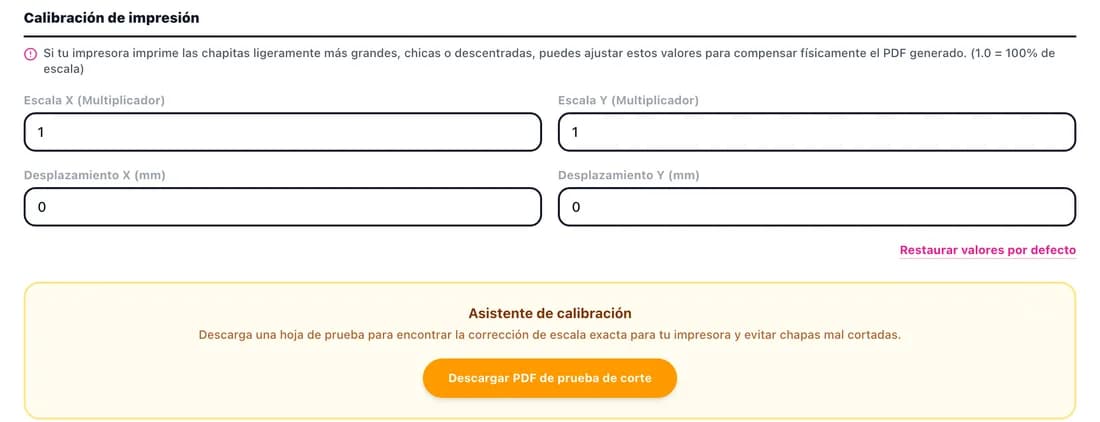 Calibración de impresión en Ajustes: escala, desplazamiento y hoja de prueba de corte