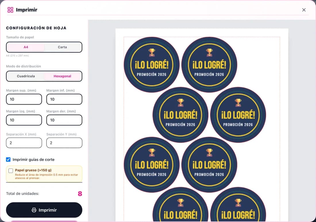 Modal de impresión del editor con la hoja A4 armada, márgenes, separación y guías de corte